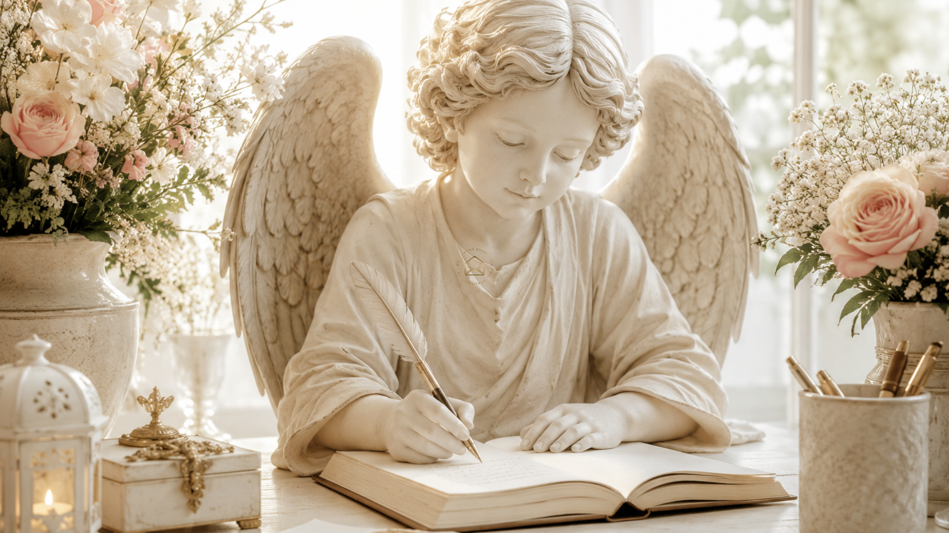 file_00000000fecc71f9baa48645f2bb1d7b Estátua de anjo com asas escrevendo em um livro aberto, cercada por arranjos de flores em ambiente claro e iluminado.