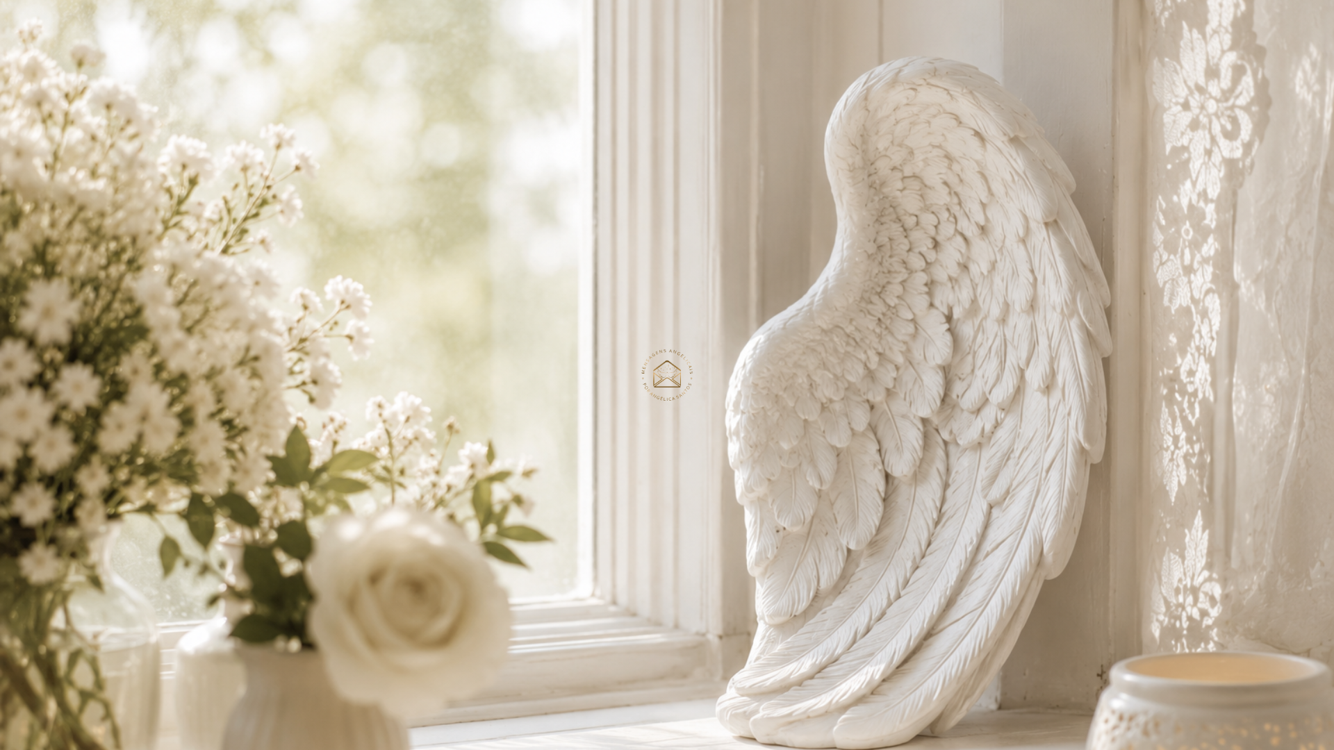 Uma escultura de asa angelical repousa sobre o parapeito da janela, banhada pela luz suave do sol. Ao redor, flores brancas e delicadas completam a cena, criando uma atmosfera de paz, pureza e sensibilidade espiritual.